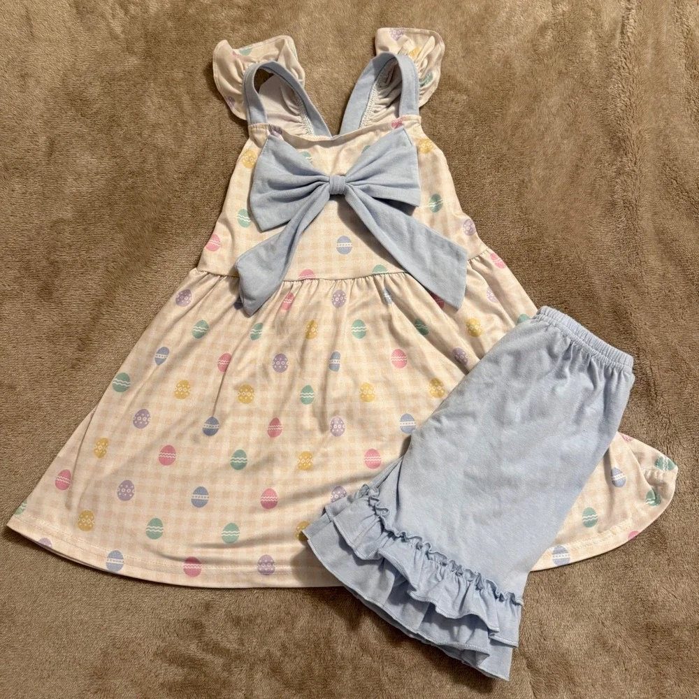 Girls Easter Egg Gingham Dress and Ruffle Shorts Set Pastel Blue 6-7T 2XL